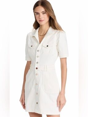 PAIGE Mayslie Denim Mini Dress White Blank Canvas Utility Button Front Size 12